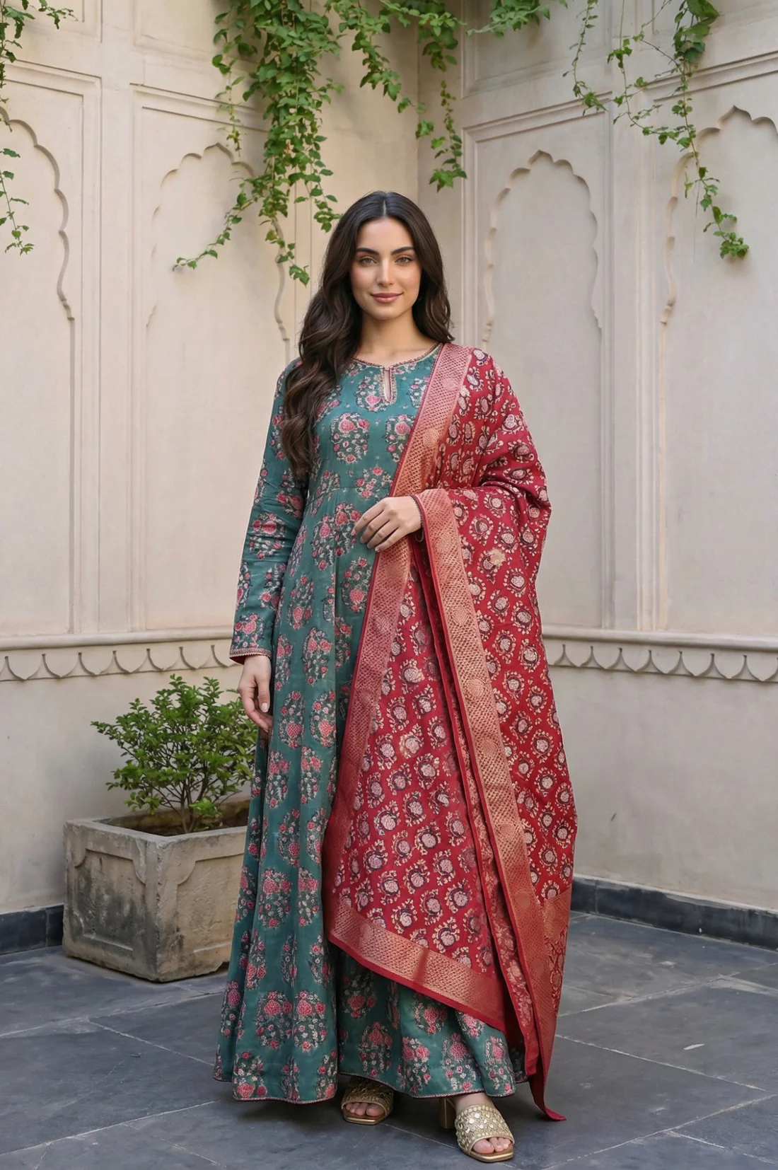 Green Floral Printed Satin Anarkali Kurta